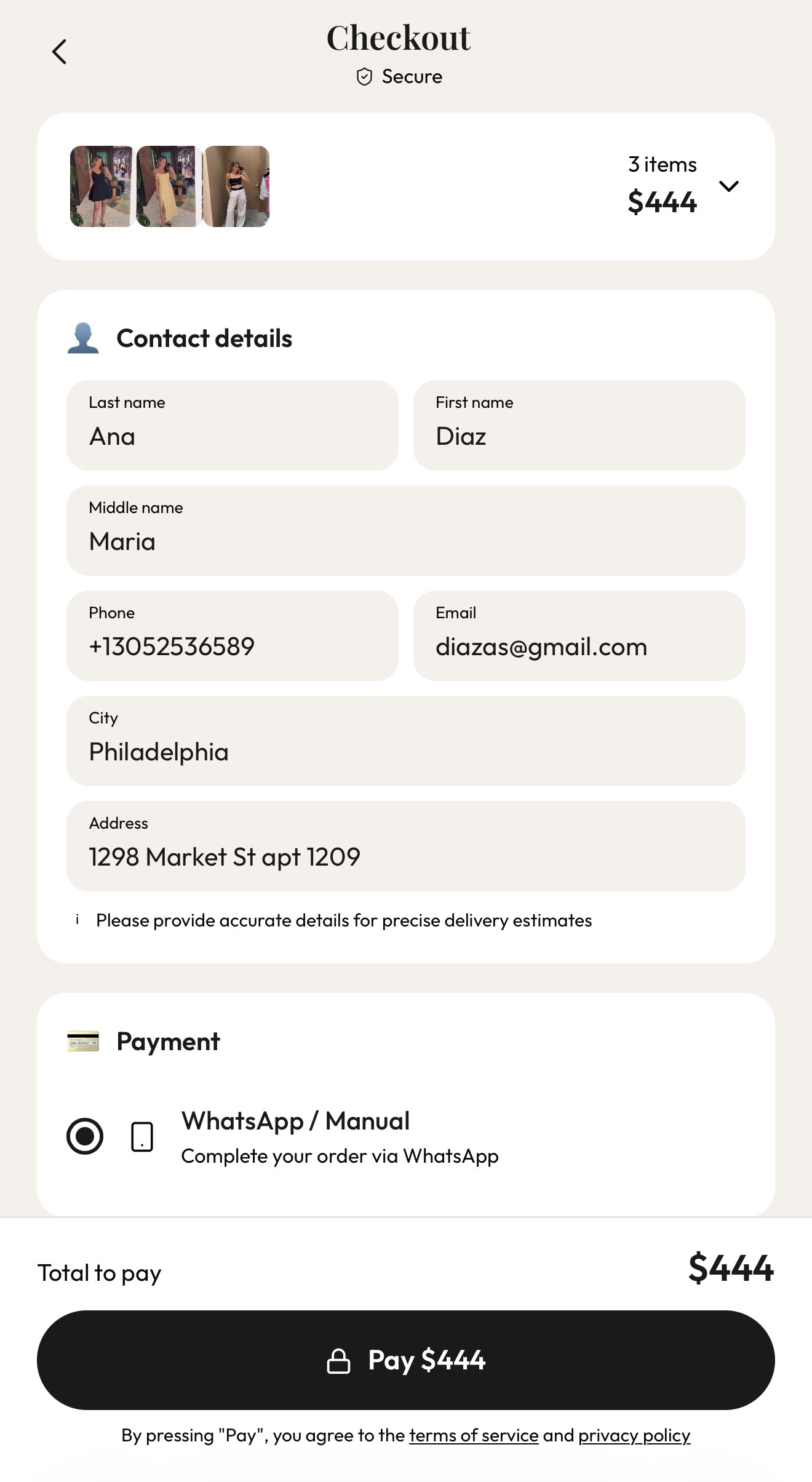 Secure checkout with contact details and WhatsApp or card payment