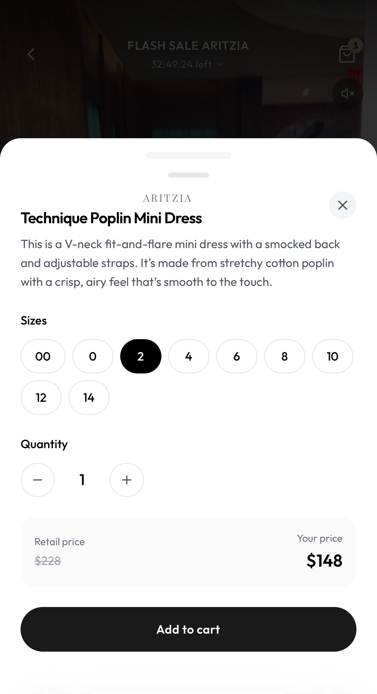 Product detail with sizes, quantity and your price vs retail